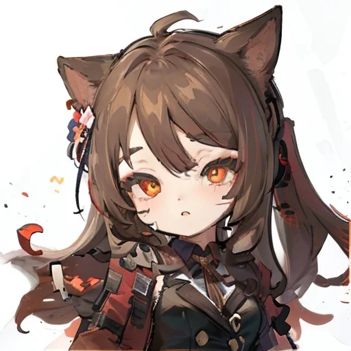 half-closed eyes, <lora:gstamp_02-000008:0.9>, (chibi), (big head, close-up face), (upper body), simple background, white background, emoji, emote, <lora:skyfire_04:0.9>, skyfire \(arknights\), arknights, wearing black blazer under cropped red jacket, cat ears, brown hair, (tsurime:1.3, eyeliner, sharp eyelashes:1.2, solid eyelid), messy hair, unkempt,