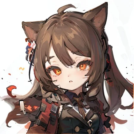 half-closed eyes, <lora:gstamp_02-000008:0.9>, (chibi), (big head, close-up face), (upper body), simple background, white background, emoji, emote, <lora:skyfire_04:0.9>, skyfire \(arknights\), arknights, wearing black blazer under cropped red jacket, cat ears, brown hair, (tsurime:1.3, eyeliner, sharp eyelashes:1.2, solid eyelid), messy hair, unkempt,
