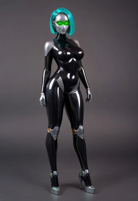 solo, A 35mm full length photo of a beautiful 20 year old woman, she is a humanoid robot , robotic body, emerald green robotic eyes, freckles, smooth featureless silver grey robotic skin, robotic aerials, metallic dark blue hair, elegant black latex bodysuit with white trim
TheFaceLess