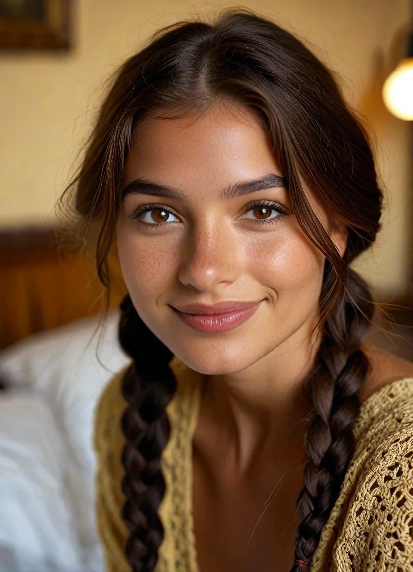epic cinematic shot of dynamic cowboy shot, cinematic photo award-winning photo of a beautiful (masterpiece), (extremely intricate:1.3), (realistic), portrait of a girl, Odysabal, bedroom, parted lips, braided hair, brown hair, full lips, cute smile, face details, professional photograph of a stunning woman detailed, sharp focus, dramatic, award winning, cinematic lighting, volumetrics dtx, (film grain, blurry background, blurry foreground, bokeh, depth of field, masterpiece, cuteness, slender, backlighting, shadows, naked, olive skin, wool socks, 4k, 8k, highly detailed, cinematic, 8k, dramatic lighting, high detail, highly detailed, hyper realistic, intricate, intricate sharp details, 35mm photograph, film, bokeh, professional, 4k, highly detailed. 35mm photograph, film, bokeh, professional, 4k, highly detailed in motion. main subject of high budget action movie. raw photo, motion blur. best quality, high resolution