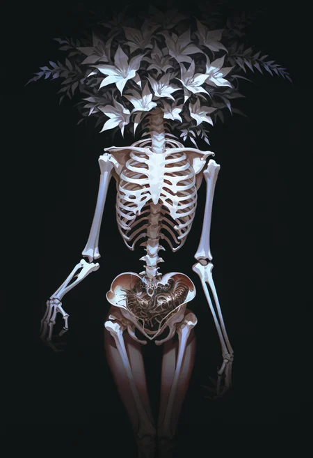 masterpiece, best quality, Good quality, very aesthetic, absurdres, newest, 1girl, solo, simple_background, standing, flower, thigh_gap, black_background, monster_girl, 1other, x-ray, dark_background, ribs, skeleton, bone, skinny,surreal, spine, heart_\(organ\), cocktail dress <lora:ponyv4_noob1_2_adamW-000017:0.7> <lora:USNR_STYLE_XL_lokr:1>