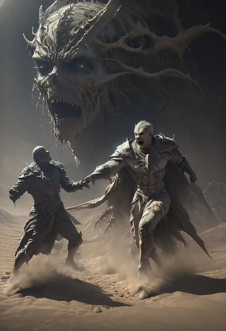 very dark focused flash photo, amazing quality, masterpiece, best quality, hyper detailed, ultra detailed, UHD, perfect anatomy, portrait, dof, hyper-realism, majestic, awesome, inspiring,Capture the thrilling showdown between the ancient mummy and the colossal sand boss in an epic battle amidst swirling dust and desert sands. Embrace the action and chaos as these formidable forces clash in the heart of the dunes. cinematic composition, soft shadows, national geographic style