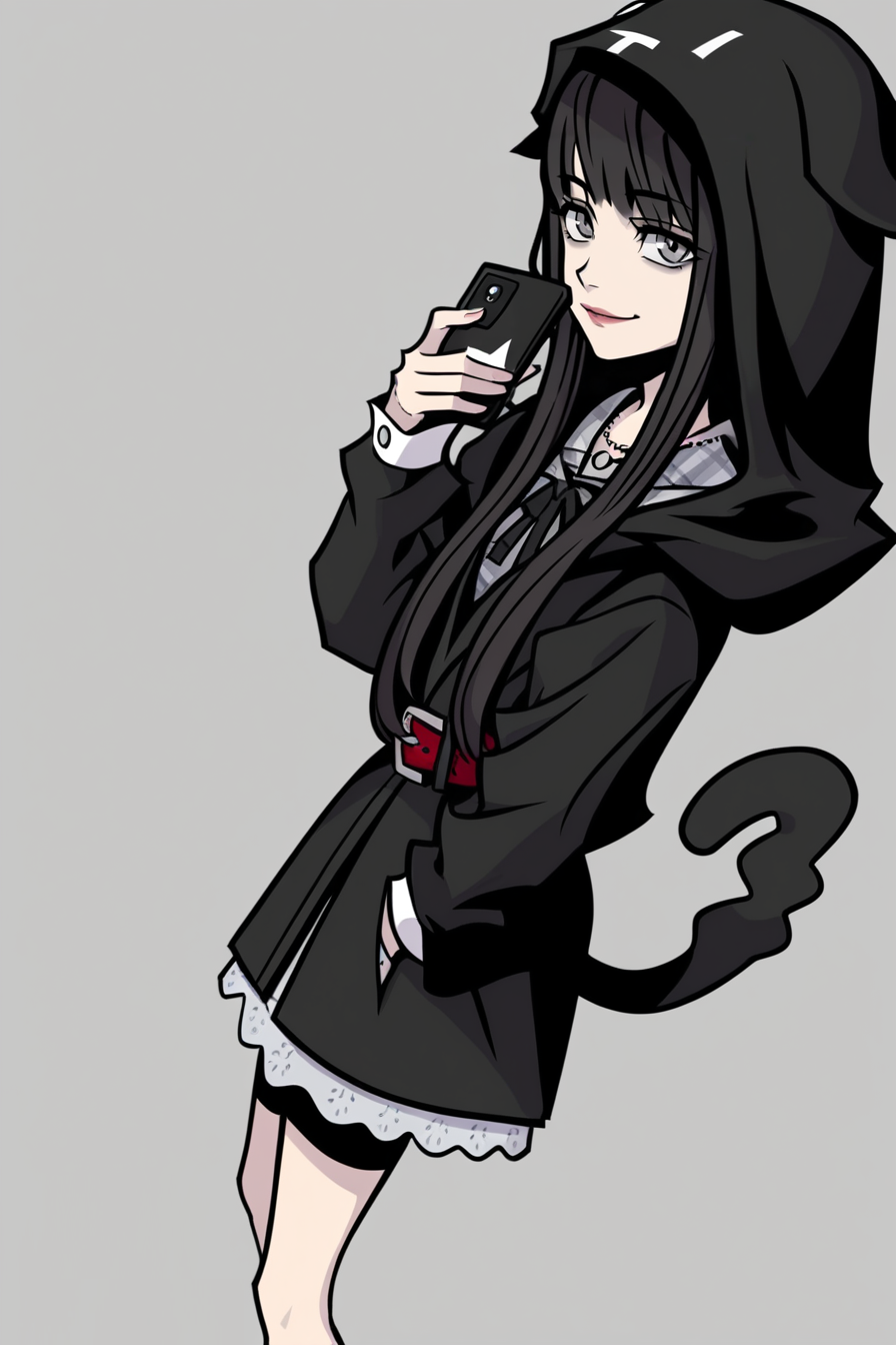 score_9_up, score_8_up, score_7_up, show accurate style, source_cartoon, flat colors, shokaNEO, 1girl, solo, long hair, black hair, grey eyes, grey plaid dress, black ribbon, cat hoodie, red belt, cat socks, black shoes, necklace, standing, AddXL,(Perfect Hands:1.2), high angle,  from side,looking up at viewer, dutch angle, depth of field, leaning back, (holding phone, looking at phone),  slight smile,