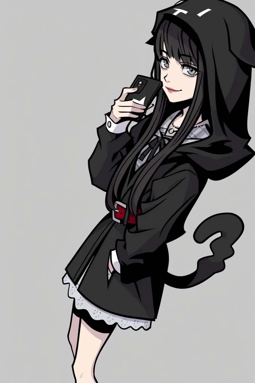 score_9_up, score_8_up, score_7_up, show accurate style, source_cartoon, flat colors, shokaNEO, 1girl, solo, long hair, black hair, grey eyes, grey plaid dress, black ribbon, cat hoodie, red belt, cat socks, black shoes, necklace, standing, AddXL,(Perfect Hands:1.2), high angle, from side,looking up at viewer, dutch angle, depth of field, leaning back, (holding phone, looking at phone), slight smile,