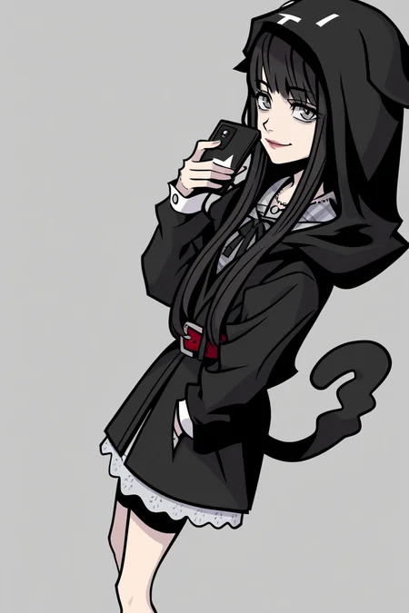 score_9_up, score_8_up, score_7_up, show accurate style, source_cartoon, flat colors, shokaNEO, 1girl, solo, long hair, black hair, grey eyes, grey plaid dress, black ribbon, cat hoodie, red belt, cat socks, black shoes, necklace, standing, AddXL,(Perfect Hands:1.2), high angle,  from side,looking up at viewer, dutch angle, depth of field, leaning back, (holding phone, looking at phone),  slight smile,
