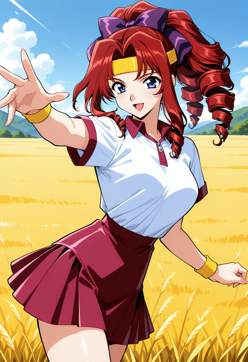shindou_tamaki, blue eyes, red hair, long hair, drill hair, ponytail, hair ribbon, purple bow, yellow headband, yellow wristband, short sleeves, sportswear, red skirt, <lora:asuka120_shindou_tamaki_illustrious_ver1:0.8> 
smile, open mouth,, masterpiece, best quality, general,, 1girl, solo, (field:1.2), (blue sky:1.2), looking at viewer,, (cowboy shot, dynamic pose:1.4),