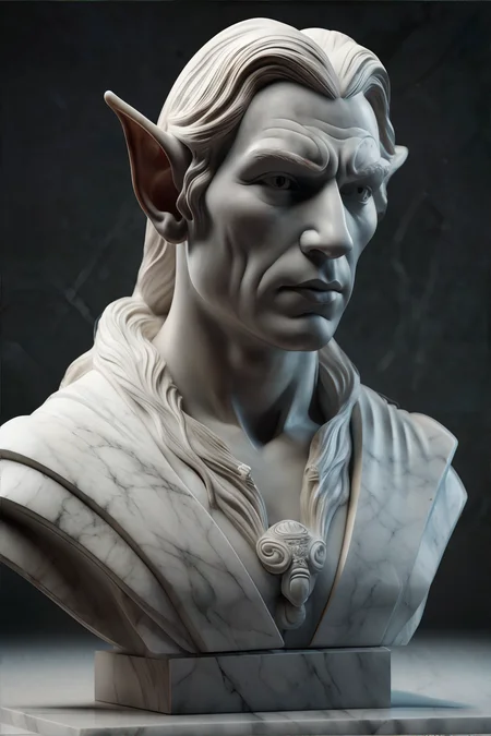 <lora:marblebust:0.8>, marble statue bust of a handsome elf man || <lora:marblebust:0.2>, marble statue bust, masterpiece, 8k, high resolution, shallow depth of field, sharp focus