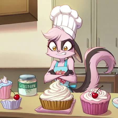 1girl,solo,furry,pink fur,tail,ears,source_furry,
,<lora:Viriathus_Vayu_illustrious:0.8>,
child, kid,
chef_hat, giant_cupcake, frosting_swirls, edible_glitter, cherry_topping, kitchen_counter, proud_expression, pastel_apron, whipped_cream