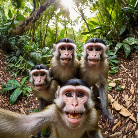 capuchin monkeys smiling taking a selfie with a super wide angle lenses. happy vibes. jungle backdrop. warm lighting.