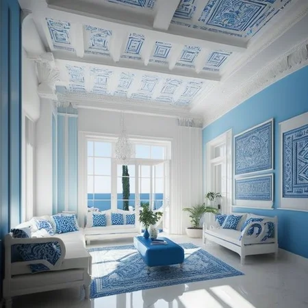 <lyco:Greek_style_interior_design_Sa_May:1.0> Greek style interior design of waiting room
