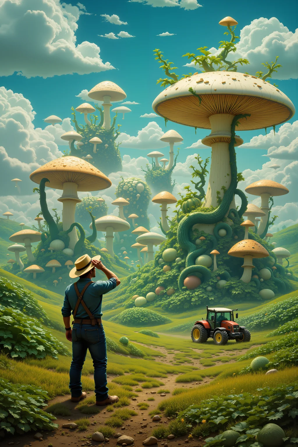 A rugged farmer stands at the edge of a vast field, his straw hat pushed back as he scratches his head in bewilderment. Before him, instead of the expected rows of corn or wheat, something entirely unnatural growsâmassive, luminous mushrooms with swirling patterns, vines that seem to coil and shift, or perfectly cubed watermelons stacked like bricks. His tractor, still running, idles in the background, its tires caked in dirt.<lora:aidmaImageUpgrader-FLUX-V0.2:0.5><lora:PinkieFluxProUltraFantasia><lora:FluxDFaeTasticDetails:0.7>