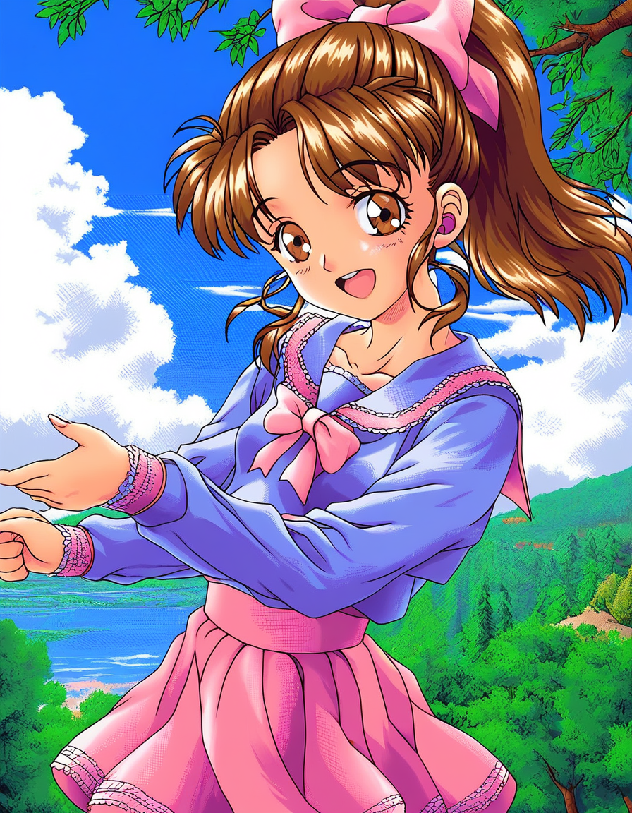 score_9, score_8_up, score_7_up, source_anime, rating_explicit, BREAK   <lora:Nut_Berry_girl_XL:0.9> Nut_Berry_girl, brown hair, brown eyes, ponytail, small breasts, long hair, pink bow, smile, open mouth,
1girl, purple long sleeve, solo,   
pink skirt, day,  sky, cloud,  ribbon, outdoors,  bow, tree,
smile,
looking at viewer, 
cowboy_Shot,
