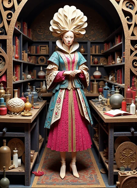 {   "T5": "In the style of Paper Quilling and Layered Paper, a renaissance scholar, face tense with concentration and wearing a shy expression, is conducting a perilous alchemical experiment. She stands, delicately mixing volatile substances in a grand, dimly lit laboratory lined with ancient, dusty tomes bound in worn leather and adorned with mystical symbols, alongside shelves overflowing with peculiar, arcane ingredients. The scholar's attire is a paradoxical blend of traditional and modern elements, consisting of ornate, intricately patterned robes typical of the Renaissance era, paired with a vibrant cherry pink mesh dress featuring a fitted bodice and contrasting stark white block heels that elevate her stature. Atop her head, an imposing white beehive hairdo, crafted with the utmost precision, seems to defy gravity, complementing her intellectual demeanor. The setting's ambient lighting, an interplay of warm, golden hues and mysterious shadows, creates a captivating atmosphere that emphasizes the gravity and complexity of the experiment.",   "CLIP": "Paper Quilling and Layered Paper style, renaissance scholar, cherry pink mesh dress, fitted bodice, white block heels, white beehive hairdo, shy expression, intense concentration, alchemical experiment, ornate robes, ancient tomes, arcane ingredients, dimly lit laboratory, warm golden lighting, mysterious shadows" }