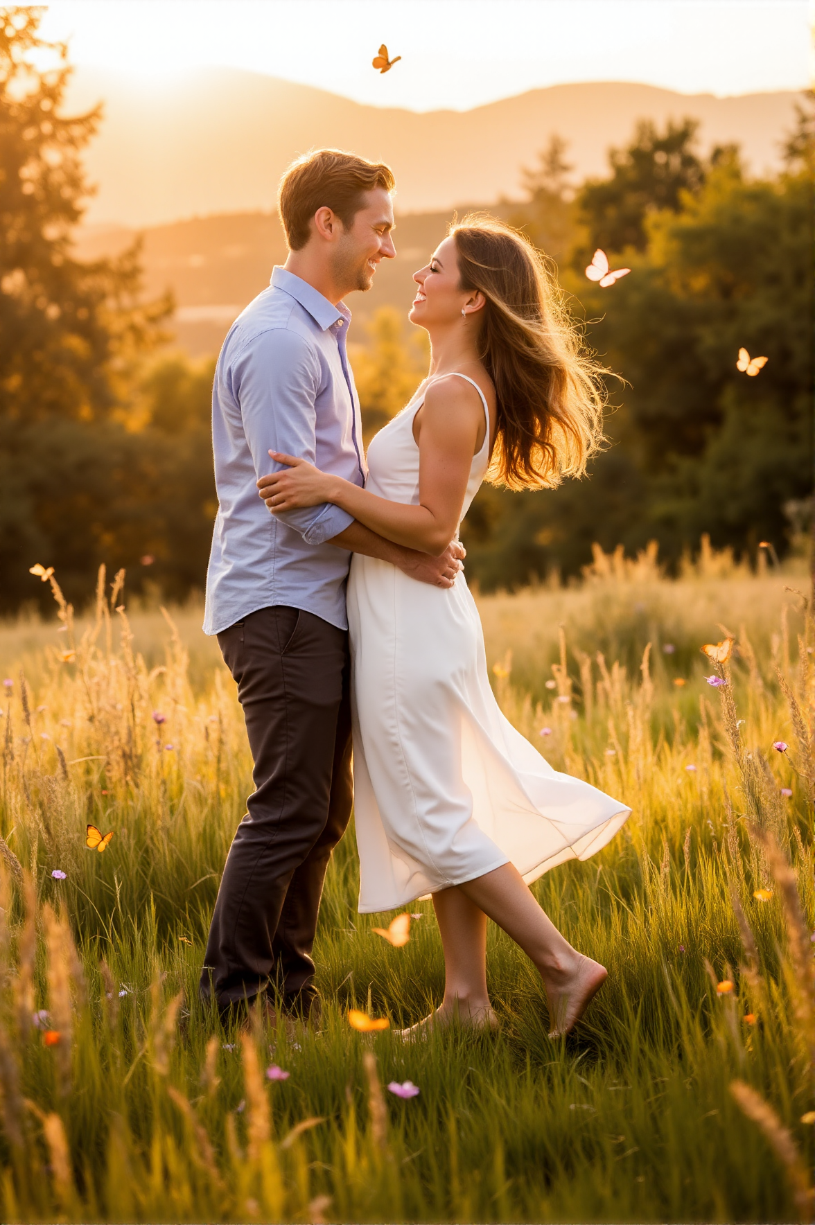 Barefoot in a sun-drenched meadow, a couple twirls slowly in the golden morning light, their laughter carried by the breeze rustling the tall grass. The scent of wildflowers and honeyed air surrounds them, and as he dips her, the light catches in her hair, turning it into a cascade of warm radiance. Butterflies flutter between them, drawn to the glow of love that lingers in the space between their lips.
<lora:ethereal-romantic-glow-flux:1>