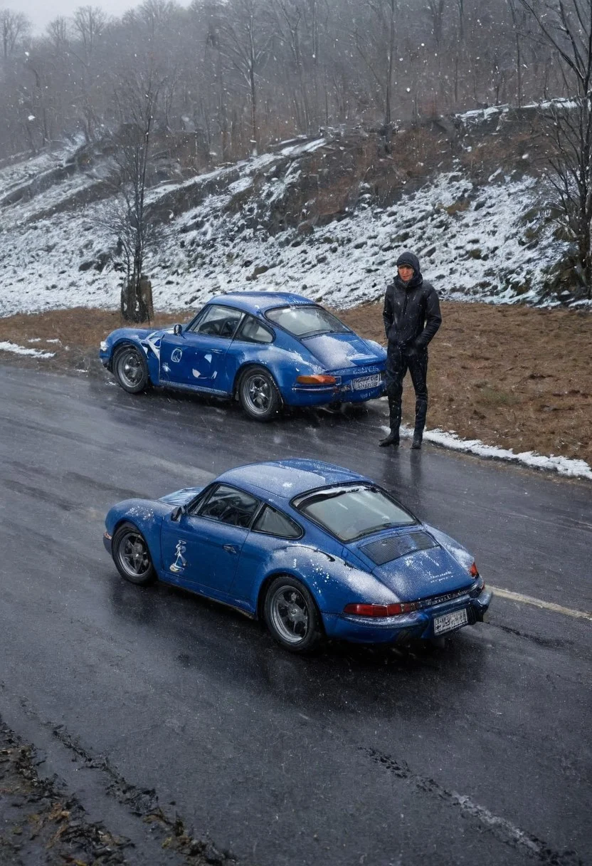b1k3g1rl, riding bicycle, blue Porsche from the 1960s, next to the porsche a guy on a bicycle posing with arms crossed and one leg on the car hood, super shiny, highly polished, snow flakes, spotlight, wild field, hills,