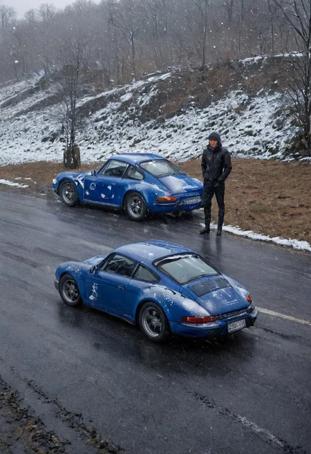 b1k3g1rl, riding bicycle, blue Porsche from the 1960s,  next to the porsche a guy on a bicycle posing with arms crossed and one leg on the car hood,  super shiny, highly polished, snow flakes, spotlight, wild field, hills,