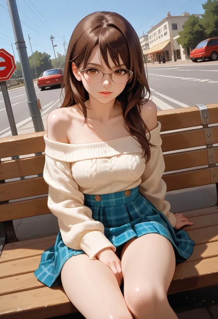 score_9, score_8_up, score_7_up, score_6_up, amateur, photo, 2000s nostalgia , flash, pov, 1girl, thick nerdy glasses, brown eyes, long brown hair, button down oversized sweater, bare shoulders, plaid skirt, thigh high boots, legs crossed, sitting on a bench, bus stop, bad photo composition, out of focus, low quality photo, BREAK Dramatic angle, unique perspective, unique angle
