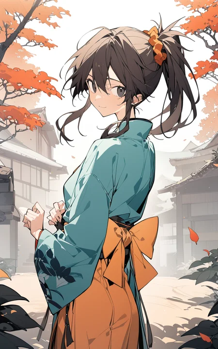 1girl, yuzuri\(memories off 8\), (cogecha:0.7),(mochizuki kei:0.8),(rafaelaaa:0.8),(zhibuji loom:0.8), (magotsuki:0.9),(hurray:0.99), hair scrunchie, day, in autumn, beautiful detailed sky, artbook, girl, cute face, japanese clothes, looking back, ponytail, brown hair, one side up, black eyes, masterpiece, best quality, newest, absurdres, highres, very aesthetic <lora:yuzuri_2_1:1> <lora:aesthetic_anime_v1s:1> <lora:ClearHand-V2:1>
