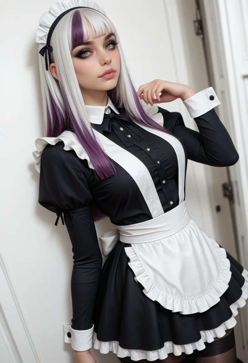 8K, depth of field, dynamic angle, sexy pose, best quality, detailed eyes, perfect eyes, realistic eyes, single, one, white hair, purple highlights, hime cut, green eyes, thick eyebrows, black eyebrows, darker eyeshadow, pink lips, full lips, high cheekbones, sharp jawline, slim body, maid cap, black stockings, , medium breast, realistic breast, ruffled maid dress, (black dress), long sleeves, white apron, black ruffled skirt, BREAK, Sway back, front view, looking at viewer, movie perspective, white room, white bedroom, white background, depth of field, <lora:MoriiMee_Gothic_Niji_Style_Illustrious_r1:0.7> artist:moriimee, <lora:PowerPuffMixLora:0.5>, <lora:Detailer_NoobAI_Incrs_v1:0.6> detailed,