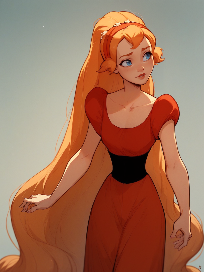 score_9, score_8_up, score_7_up, score_6_up, score_5_up,   <lora:ThumbelinaXLP:1> thumbelina, 1girl, solo, red dress, hairband, blue eyes, very long hair, orange hair