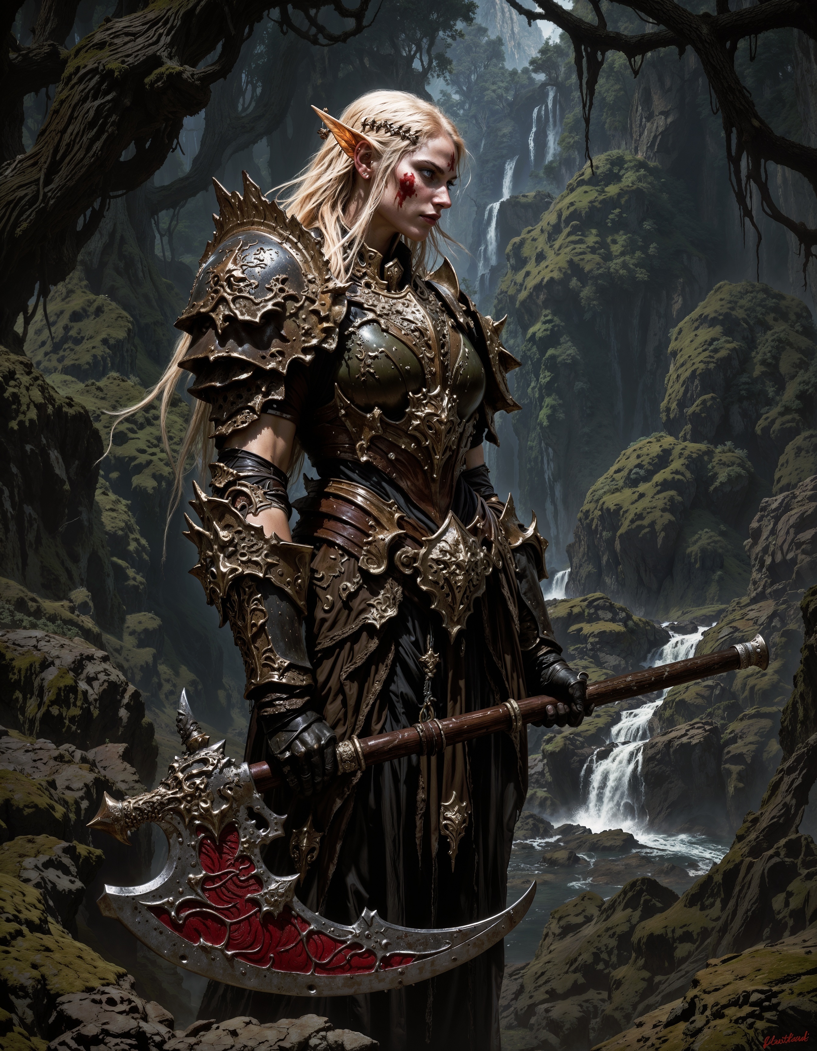 detailed renaissance oil painting, masterpiece, FredFraiStyle, an elf warrior in a lush forest setting. The composition is vertical, focusing on the subject who stands in profile. The elf has long, flowing blonde hair adorned with beads and feathers, and pointed ears. Her skin is fair, and she wears intricately designed armor with leather and metal elements, featuring detailed patterns. Her arms and face are marked with red war paint. She holds a large, ornate axe with a red and silver blade, resting it on her shoulder. The background is a dense forest with green foliage, rocks, and a flowing stream, creating a mystical and adventurous atmosphere, directional lighting, masterpiece, perfect composition, perfect hands, cowboy shot, <lora:FluxMythP0rtr4itStyle:0.6> mythp0rt,  <lora:dark_fantasy_flux:1> <lora:FredFraiStyle-FLUX-Share:1>