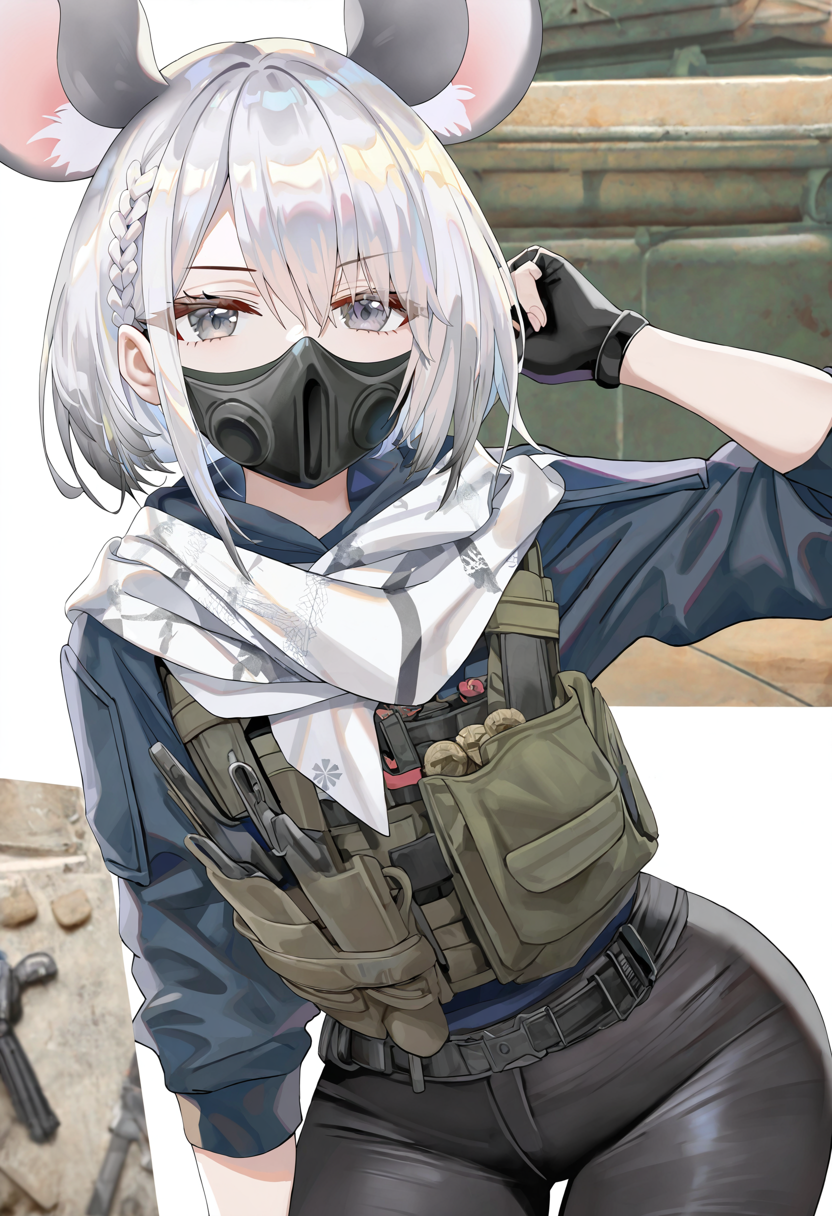 maixiaowen,1girl,fingerless gloves,black eyes,solo,braid,black gloves,grey hair,white scarf,shirt,bulletproof vest,short hair,tactical clothes,hair between eyes,mask,mouth mask,cowboy shot,belt,leather pants,
mouse girl,mouse ears,((white background)),
torino aqua,
newest,absurdres,highres,masterpiece,best quality,
<lora:maixiaowen_Noob10:1>,