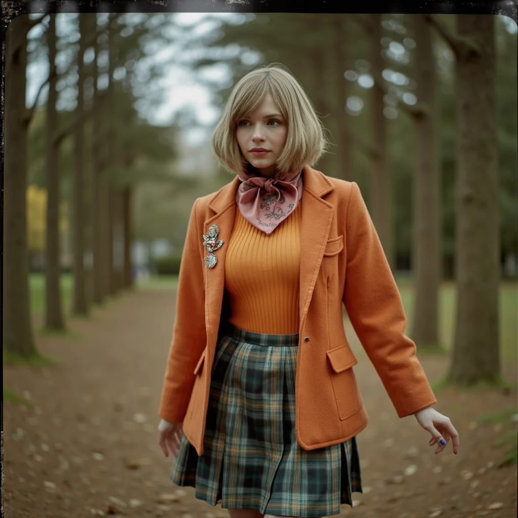 Faded Polaroid Photo, analog film photo <lora:AshleyR4:0.8> aslx, costume, aslx, a woman wearing an ashley graham costume with orange jacket, plaid skirt, black boots, blond hair styled in a bob, she's in a forest, walking slowly, ultra detailed, ultra realistic, ultra quality, cinematic, cinematic lighting, ultra detailed . faded film, desaturated, 35mm photo, grainy, vignette, vintage, Kodachrome, Lomography, stained, highly detailed, found footage, analog, old faded photo, old polaroid, RAW candid cinema, 16mm, color graded portra 400 film, remarkable color, ultra realistic, textured skin, remarkable detailed pupils, realistic dull skin noise, visible skin detail, skin fuzz, dry skin, shot with cinematic camera