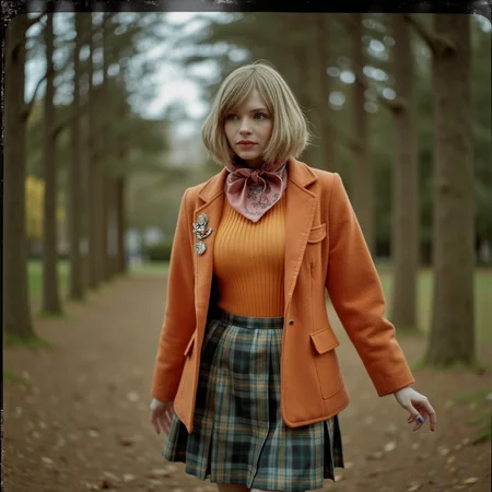 Faded Polaroid Photo, analog film photo <lora:AshleyR4:0.8> aslx, costume, aslx, a woman wearing an ashley graham costume with orange jacket, plaid skirt, black boots, blond hair styled in a bob, she's in a forest, walking slowly, ultra detailed, ultra realistic, ultra quality, cinematic, cinematic lighting, ultra detailed . faded film, desaturated, 35mm photo, grainy, vignette, vintage, Kodachrome, Lomography, stained, highly detailed, found footage, analog, old faded photo, old polaroid, RAW candid cinema, 16mm, color graded portra 400 film, remarkable color, ultra realistic, textured skin, remarkable detailed pupils, realistic dull skin noise, visible skin detail, skin fuzz, dry skin, shot with cinematic camera