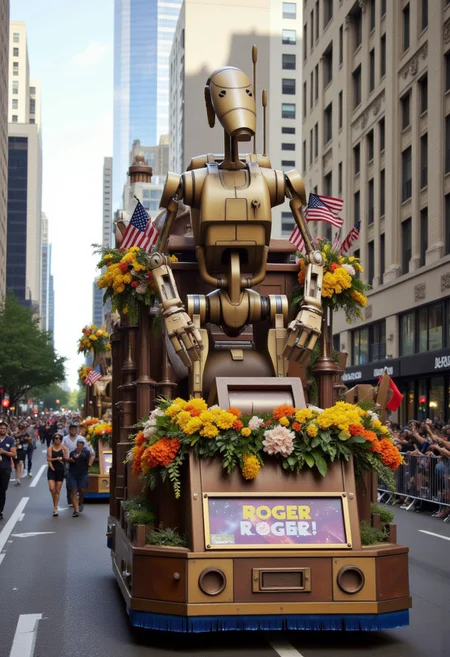Realistic photograph capturing a vibrant, elaborate (7-B1 Battle droid) themed parade float including banner with text "(Roger Roger)"