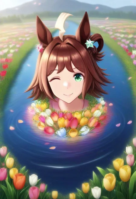 (umamusume, rhein_kraft_(umamusume), horse_ears, horse_girl, tail, 1girl, ahoge, animal_ears,)
casual, Tulip,Tulip flower, Tulip flower_field,
head_wreath, looking_at_viewer, solo, aesthetic, absurdres, symmetric , , g0ldsw0rthy,
(realistic, photo, artistic, medium_hair, one_eye_closed, petals, relaxing, smile, spiralling vortex made of multicoloured tulips, lush foliage sunrise, ripples, reflective, jaynl-tm, rainbow,green_eyes, hair_between_eyes, hair_ornament, : 0.7)