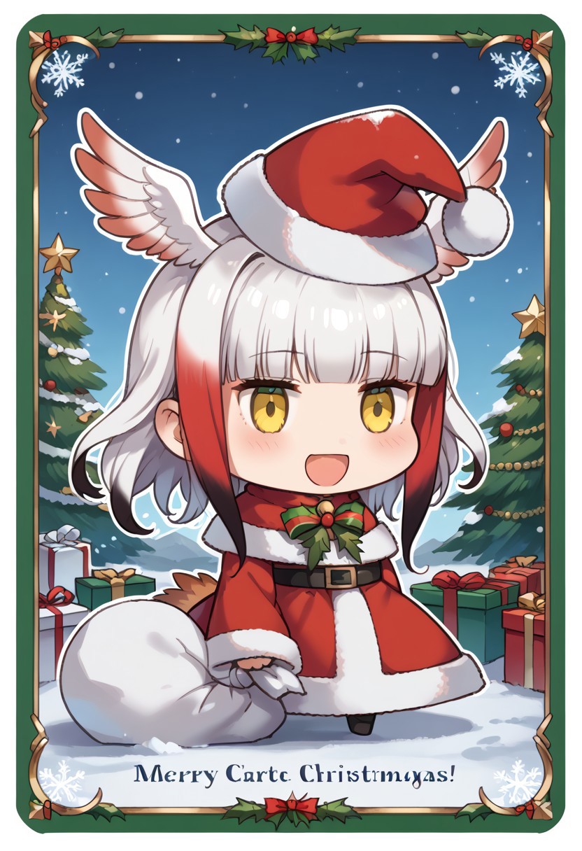 score_9, score_8_up, score_7_up, masterpiece, best quality, zzPadoru, blush, smile, open mouth, meme, holding sack, santa hat, dress, 1girl, solo, japanese crested ibis (kemono friends), head wings, multicolored hair, two-tone hair, white hair, red hair, long hair, blunt bangs, bangs, sidelocks, yellow eyes, bird tail, tail, long sleeves, wide sleeves, chibi, snow, Christmas tree, Christmas lights, Christmas border, red and green border, Christmas wreath border, presents, Christmas_card_outline