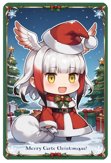 score_9, score_8_up, score_7_up, masterpiece, best quality, zzPadoru, blush, smile, open mouth, meme, holding sack, santa hat, dress, 1girl, solo, japanese crested ibis (kemono friends), head wings, multicolored hair, two-tone hair, white hair, red hair, long hair, blunt bangs, bangs, sidelocks, yellow eyes, bird tail, tail, long sleeves, wide sleeves, chibi, snow, Christmas tree, Christmas lights, Christmas border, red and green border, Christmas wreath border, presents, Christmas_card_outline