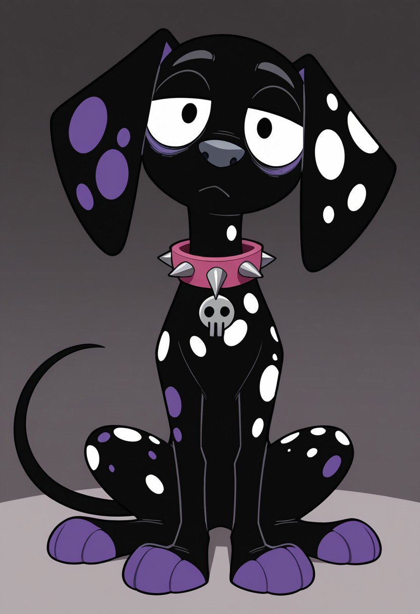 sunib3, SB, SB, masterpiece, best quality, amazing quality, Dante(101), solo, 1boy, dalmatian, dalmatian dog, feral, dog, dalmatian, black fur, white spots, purple spots, purple paws, gray nose, baggy eyes, pink bags under eyes, spiked collar, full body, head tilt, snout, looking at viewer, bored expression,