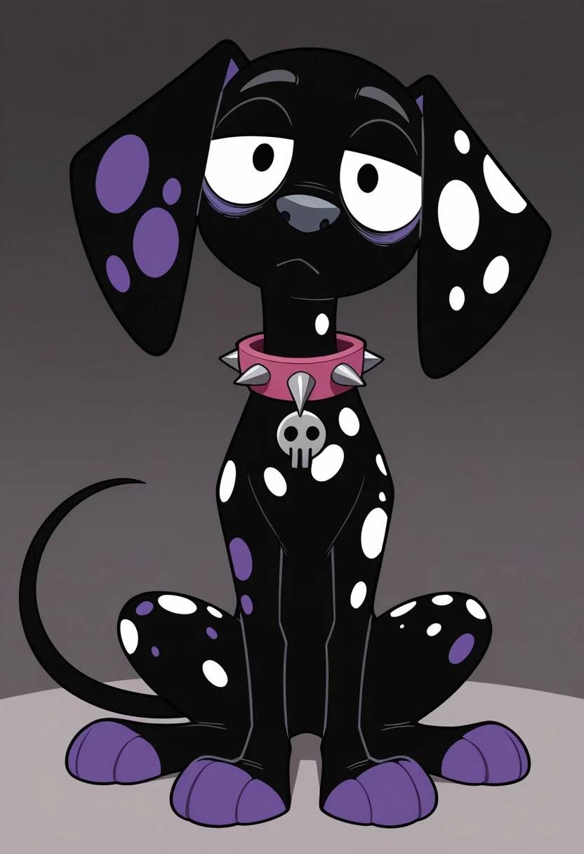 sunib3, SB, SB, masterpiece, best quality, amazing quality, Dante(101), solo, 1boy, dalmatian, dalmatian dog, feral, dog, dalmatian, black fur, white spots, purple spots, purple paws, gray nose, baggy eyes, pink bags under eyes, spiked collar, full body, head tilt, snout, looking at viewer, bored expression,