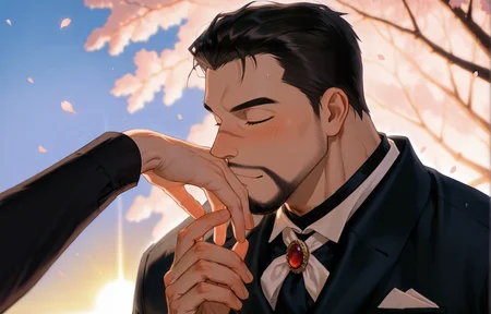<lora:pose_POVKissH_e100_s1000:1> ((solo focus, POVKissH, 1boy, couple, kissing_his_fingers, hold_his_hand))((closed eyes,))"A handsome anime-style groom in a black wedding tuxedo with a rose boutonniere, standing in a romantic outdoor garden with soft lighting, cherry blossoms falling, and a bright blue sky. He has neatly styled hair, a gentle smile, and elegant posture. Background is dreamy, cinematic, and slightly blurred for depth, <lora:Red_Siamese_Cats_leader__Detective_Conan:.7>, Red Siamese Cats leader, A serious anime-style male  He has short dark hair slicked back, a trimmed beard, The setting is a dramatic, cinematic moment with strong lighting and a tense atmosphere,
(very short hair, beard, bara, mature, facial hair, stubble, beard, full beard, sideburn, beard, a lot of beard, ), facial hair,male focus, muscular male, muscular male, bara, mature,  bara, mature, aixiwuganda_(20222192), very awa, masterpiece, best quality, absurdres, newest, perfect quality, detailed background, intricate details,
<lora:slider_Body Type_alpha1.0_rank4_noxattn_last:3><lora:Anime Summer Days 2 Style SDXL_LoRA_Pony Diffusion V6 XL:.6><lora:slider_cfg_scale_boost:.7><lora:Artist6p:.55>, Artist6p, Artist04p,<lora:slider_il_brightness_slider_d1:-1><lora:slider_il_contrast_slider_d1:-1><lora:slider_DarkSlider1.2_alpha1.0_rank16_full_300steps:-.6>