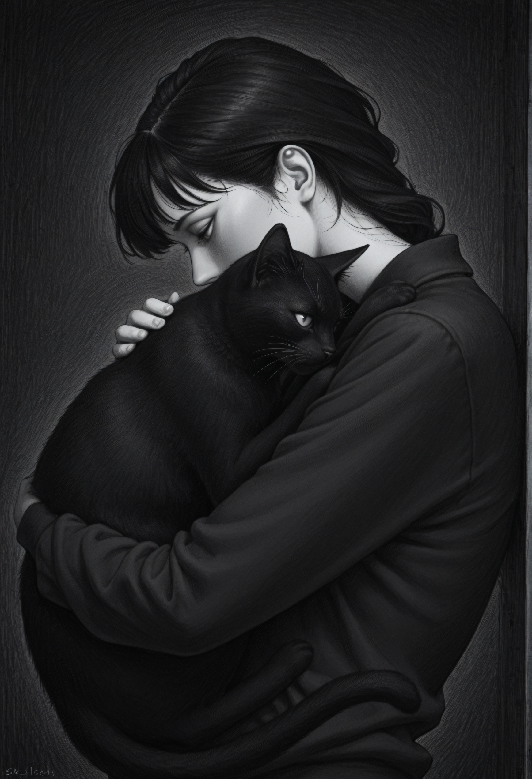 dark theme, solo, 1girl, black cat, hug, black hair, very awa, masterpiece, best quality, highres, absurdres, <lora:SketchArtV2:1>, greyscale, monochrome, sk3tch, hatching/(texture/)