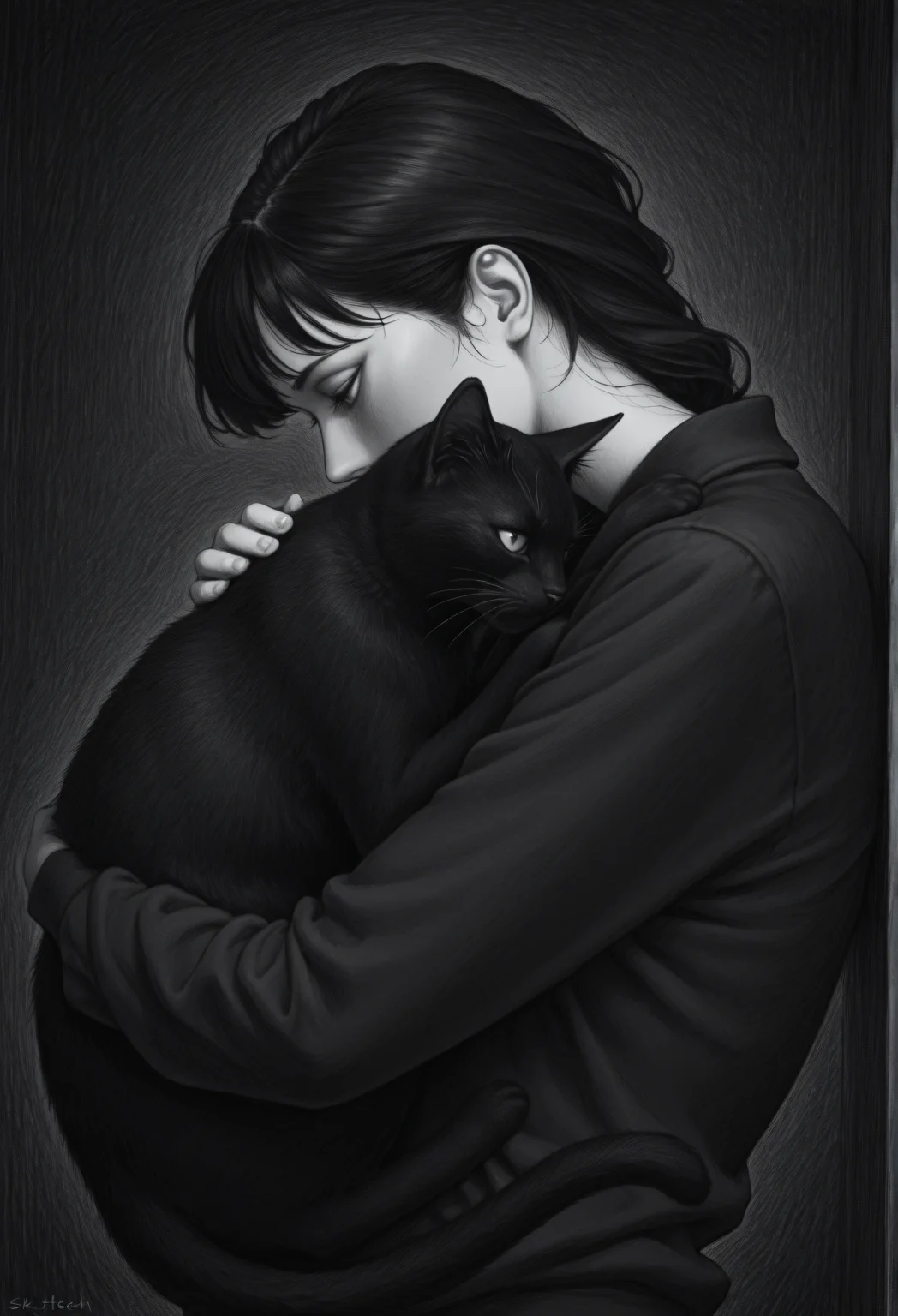 dark theme, solo, 1girl, black cat, hug, black hair, very awa, masterpiece, best quality, highres, absurdres, <lora:SketchArtV2:1>, greyscale, monochrome, sk3tch, hatching/(texture/)