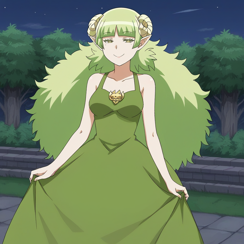 score_9, score_8_up, score_7_up, score_6_up, score_5_up, score_4_up, zPDXL2,source_anime,rating_questionable,  1girl, outdoors,night, smile, half-lidded eyes,  <lora:Mrs.Valac:0.8> Ms.Valac_IrumaKun,  blunt bangs, green hair,long hair,  demon girl, demon horns, curled horns, pointy ears, black evening dress