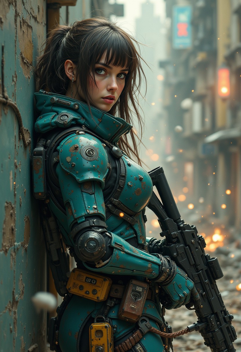 nistyle, a female space pirate. long messy hair, bangs, sidelocks, battered teal power armour,  holding an assault rifle, sheltering behind a wall during a battle in a ruined, dusty city