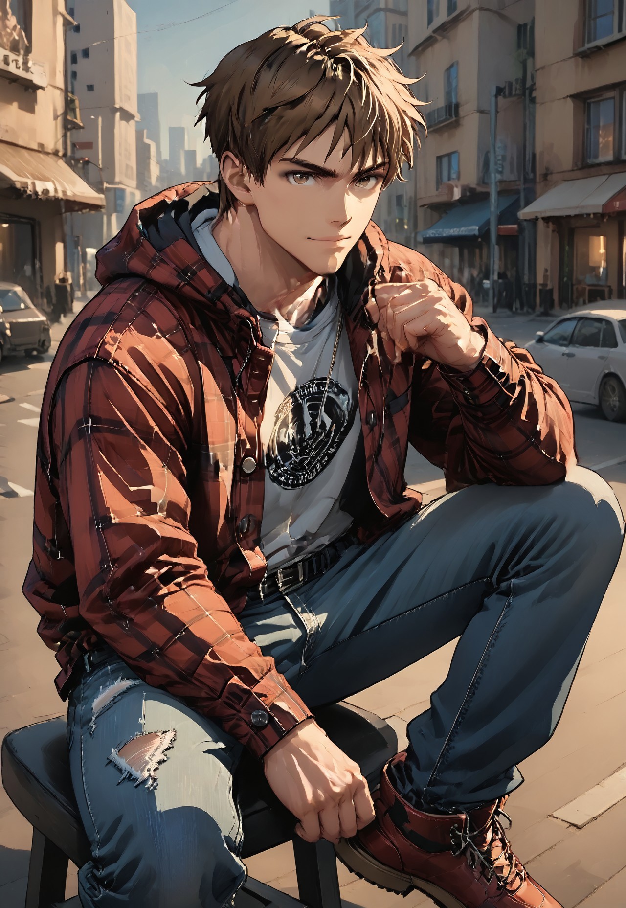zPDXL3, 1boy, male, solo, gamer_boy, brown eyes, brown hair, red plaid flannel shirt has 2 buttons undone, showing a little chest, pectorals, pale blue ripped straight cut jeans, light brown boots with dark brown laces, rolled up sleeves, soft smile, cityscape, streets,
