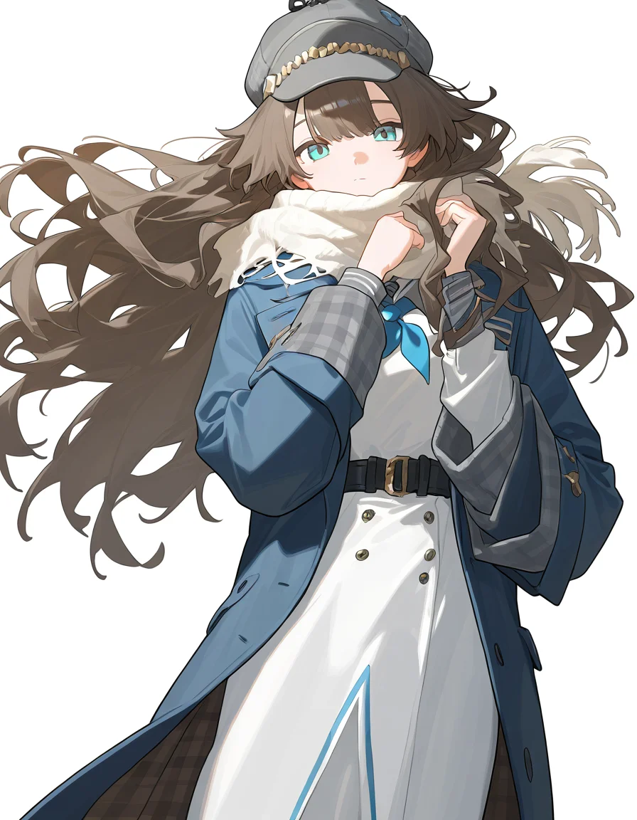 1girl,solo,looking at viewer,simple background,white background,cowboy shot,marcus,hat,<lora:marcus-000008:1>,, masterpiece, best quality, very aesthetic, absurdres,newest, incredibly absurdres,