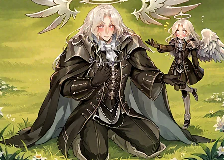 score_9, score_8_up, score_7_up, source_anime, masterpiece, (1girl and 1boy), ((two people)),
(Angel wings, feather wings, white hair, long straight hair, white eyes, shoulder armor, black dress, corset, excited expression, blushing, standing in front of man, college field background, <lora:AVACYN:1>),
(zPDXL2,source_anime,rating_questionable, 1boy, <lora:Alucard_-_Castlevania:1> alucard_castlevania, long hair, cape, ascot, yellow eyes, black gloves, black pants, coat, kneeling to woman, bowed head, presenting a halo, holding a halo)
