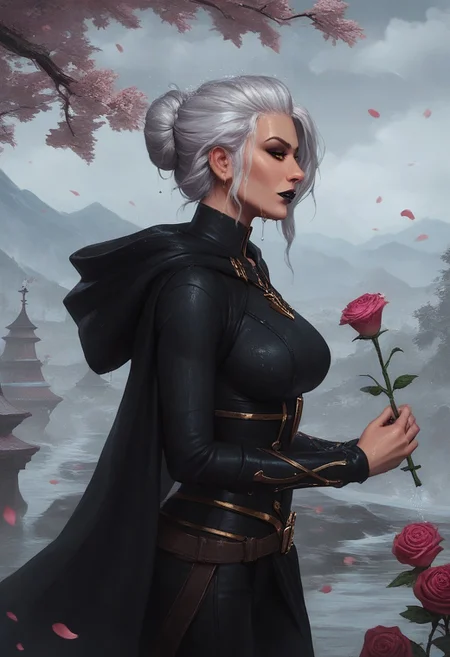 score_9, score_8_up, score_7_up, (realistic:1.2), mysterious girl, alluring goddess,, smooth, very detailed, etra detailed, intricate details, highly detailed, masterpiece, best quality, amazing quality, (wet hair:1.2), 1girl, solo, cherry blossoms falling around her, misty mountains in the background, focused and serene expression, mature female, Jaina Proudmoore, 1girl, mature female, white hair, blonde hair, yellow eyes, storm, anchor necklace, (3/4 body shot:1.3), dark, thunder, rainy:1.2, windy:1.2, mountains at the background, (burgundy lightning:1.2), black lips, sith lord, star wars, sith, black hood, black cape, hood on head, turtleneck, (total black clothing:1.2),, (close up face), jainapost, (fully clothed), (she holding pink rose:1.3), (looking at object), (she is looking at rose in her hand:1.2),,roses, pink roses, roses, rose petals, rose, (dramatic atmosphere), (detailed background), side view,