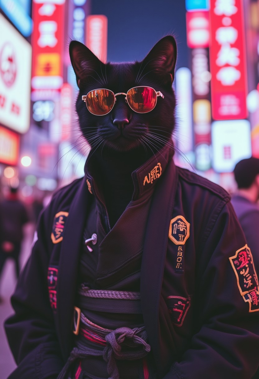 Neo Photorealistic Art Style, A bipedal black cat with sunglasses and a samurai jacket in the midst of a busy nightclub, His clothes look neon and futuristic,surreal Neo-Japan style.OBbllai