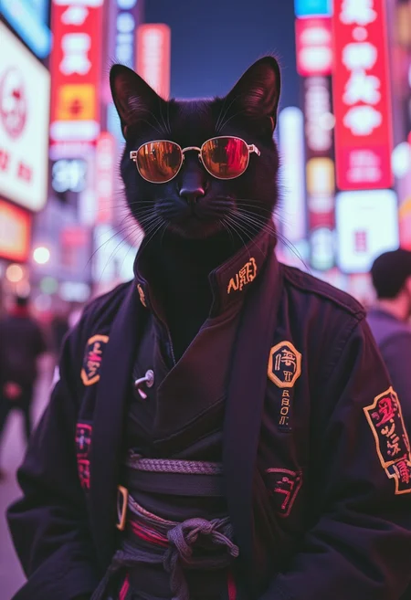 Neo Photorealistic Art Style, A bipedal black cat with sunglasses and a samurai jacket in the midst of a busy nightclub, His clothes look neon and futuristic,surreal Neo-Japan style.OBbllai
