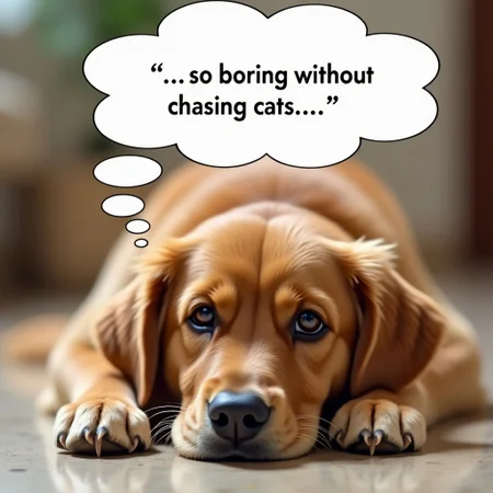 a funny pic of a dog, 1dog, solo, golden retriever, lying on floor, looking bored, head on floor between paws, super cute dog, big dark eyes, close up, viewed from below, bright scene, warm and happy colors, focus on dog, bokeh effect, perfect angle, white big thought bubble above with black outlines and text: ("... so boring without chasing cats ...":1.4), text wrap, text fits perfect inside bubble,