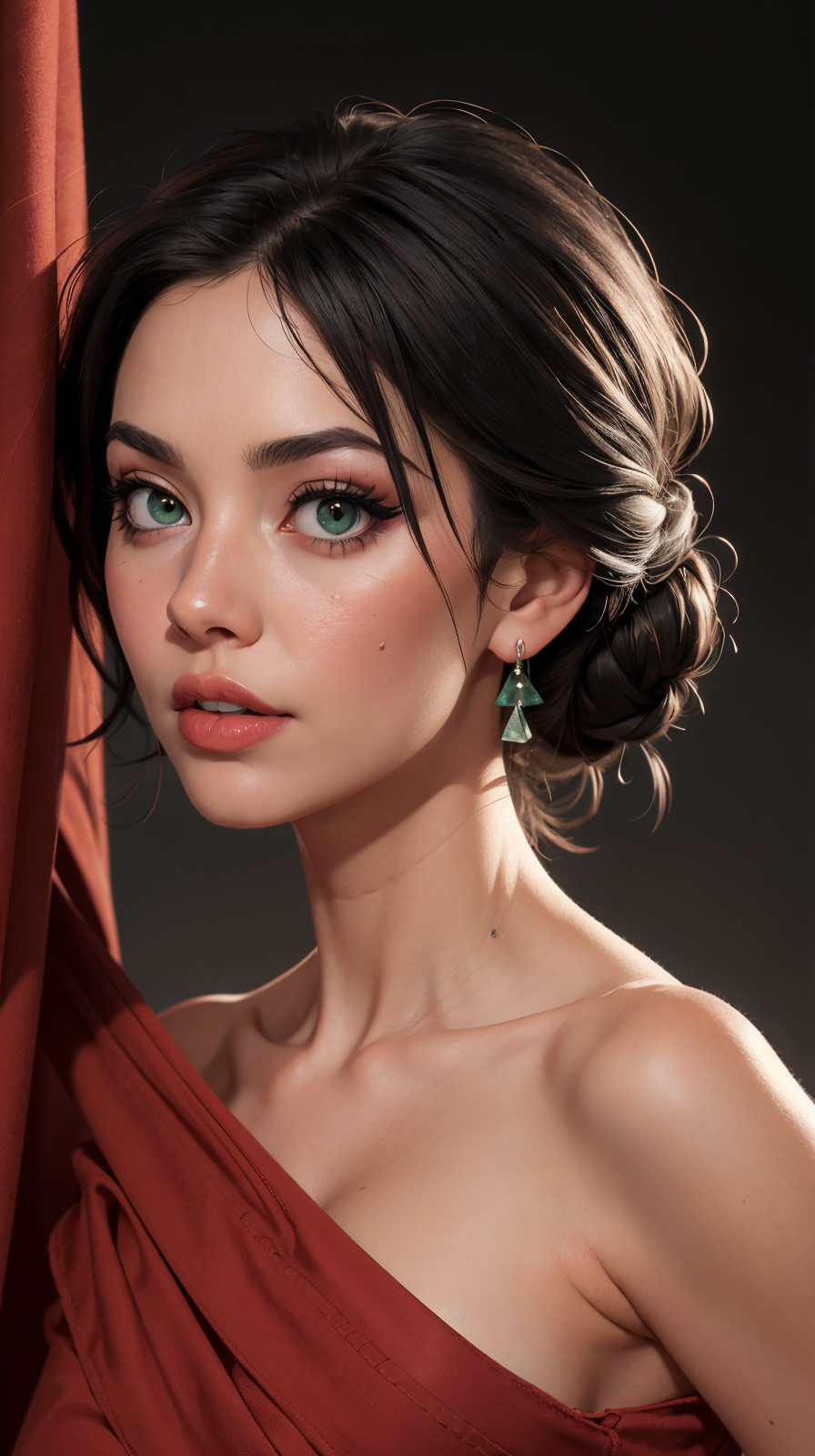 <lora:Adeline_Dupont:1> black updo hair, green eyes, mature, full lips, party background,desaturated background,bokeh,dark theme,soothing tones,muted colors,high contrast,(natural skin texture, hyperrealism, soft light, sharp),(close-up shot) artistic photoshoot,(naked shoulders),(red cloth hides breasts),
