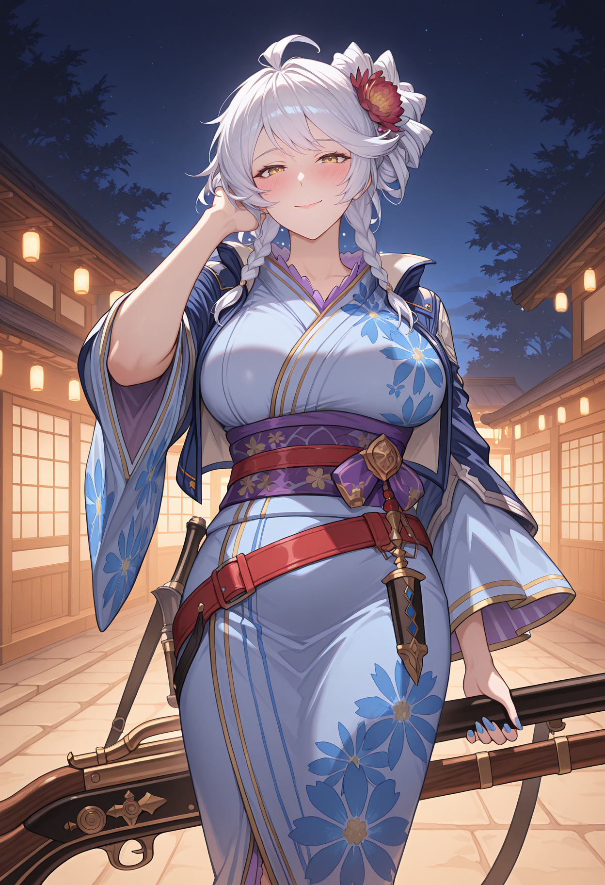 highres, best quality, masterpiece, lights, night, outdoors,
1girl, solo, gbfsilv, white hair, twin braids, ahoge, yellow eyes, large breasts, mature female,
gslvyuk, hair flower, yukata, blue kimono, floral print, purple sash, obi, red belt, wide sleeves, blue jacket, open jacket, nail polish, blue nails, kinchaku, rifle,
looking at viewer, blush, smile,
standing, hand in own hair, 
<lora:_silva_gbf-elesico-ilxlB:1>