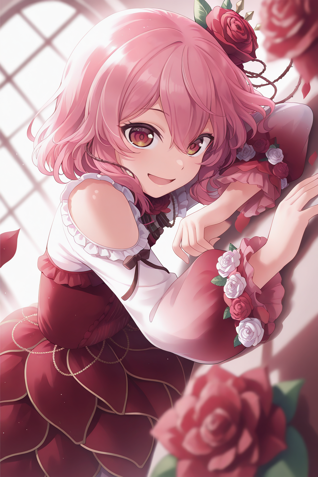 1girl, RL1stHairstyle, RL1stCostume,
general, solo, perspective, dynamic angle, upper body,
short hair, pink hair, red eyes, 
hair flower, thorns,
red dress, shirt, shoulder cutout, puffy long sleeves, white rose,
looking at viewer, \:d,
depth of field,
<lora:kp_RosemiLovelockNijisanjiIllustrious_v1_0:1.0>,
masterpiece, best quality, amazing quality