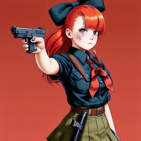 ((ultra-detailed)), ((illustration)), indoors, classroom, 1girl, solo, cowboy shot, (red hair), hair over one eye, Glock17, shirt, skirt, bow ribbon, knee boots, (disgust), looking at viewer, looking down,(trigger dicipline), gun, gun to head, holding gun, <lora:glock17:0.6>